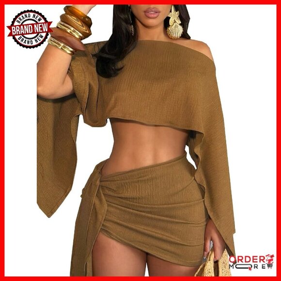 Dresses & Skirts - Batwing Off Shoulder Crop Top and Mini Skirt Set - 2 Piece Outfit